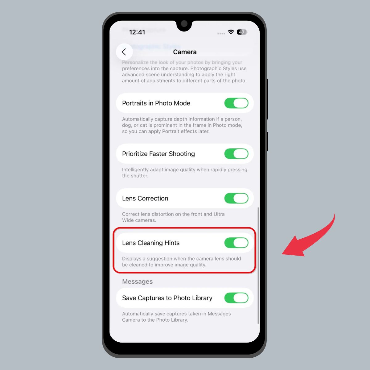 Cách bật thông báo làm sạch camera iPhone - Bước 2