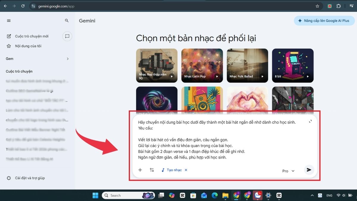 Biến nội dung bài học thành bài hát dễ nhớ bằng Gemini - Bước 2