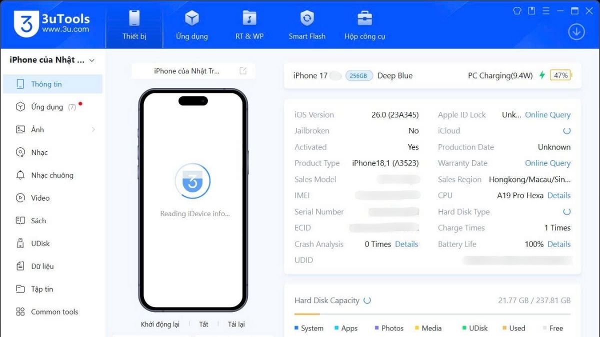 Cách kiểm tra iPhone 17 Pro Max chính hãng bằng phần mềm 3uTools - bước 3
