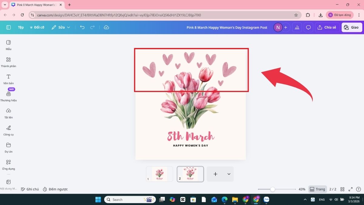 Cách làm thiệp hoa 8/3 có hiệu ứng - Di chuyển vị trí