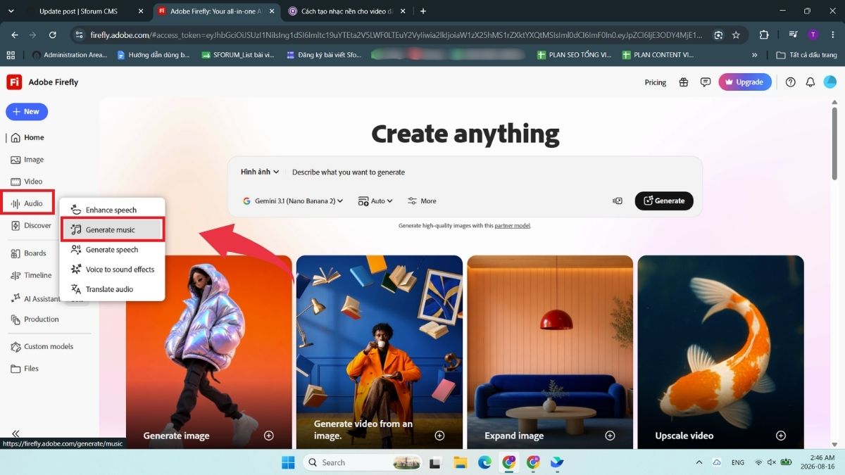 Cách tạo nhạc nền cho video đã upload bằng Adobe Firefly - Bước 1