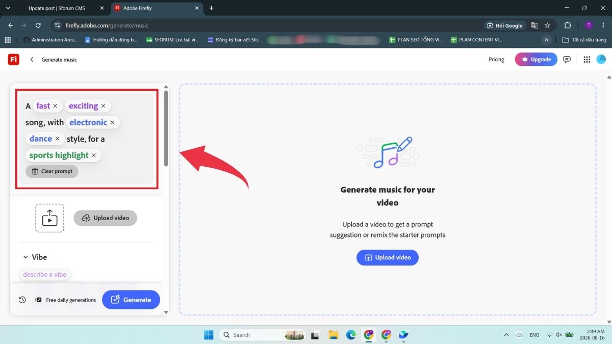 Cách tạo nhạc nền cho video đã upload bằng Adobe Firefly - Bước 2