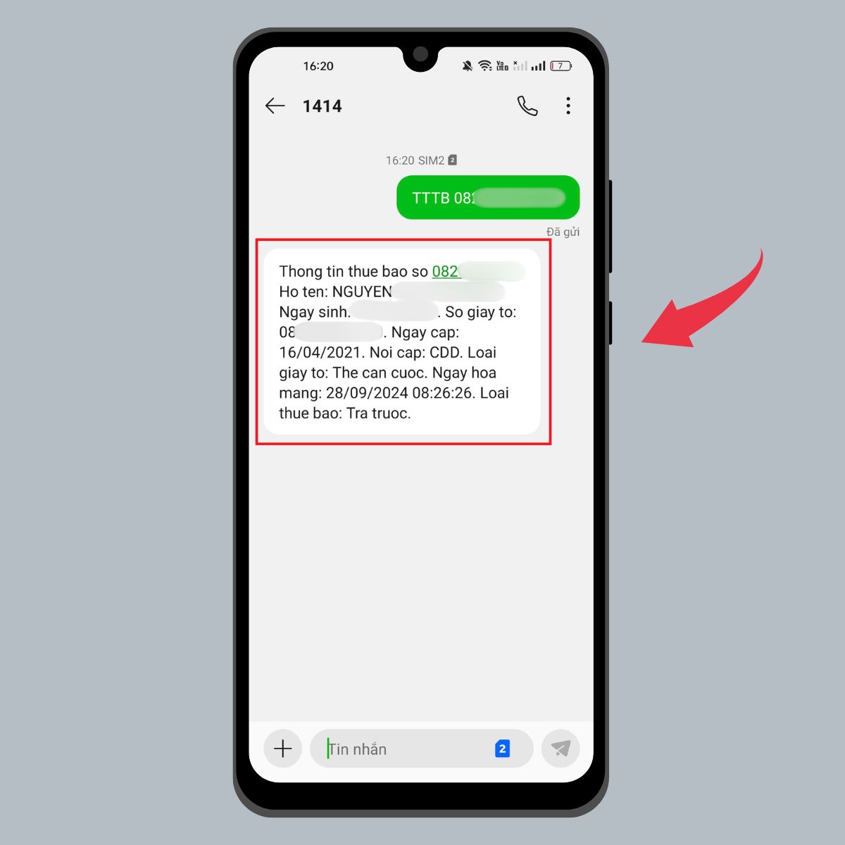 Cách tra cứu các số điện thoại đang đứng tên qua tin nhắn điện thoại - Bước 2