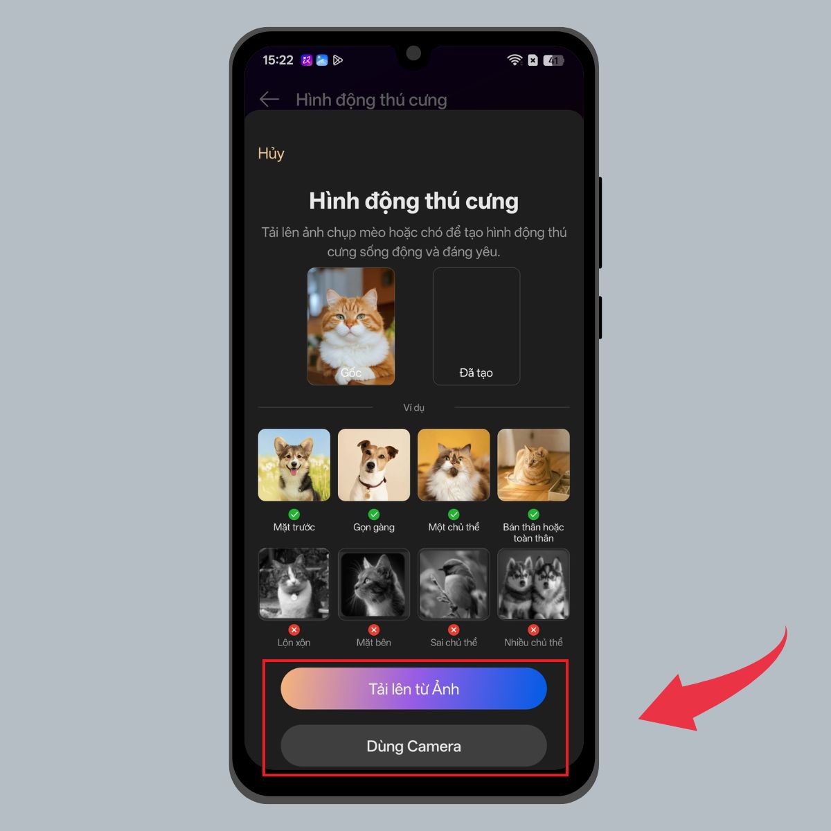 Chuyển động AI hình động thú cưng - Tải ảnh lên