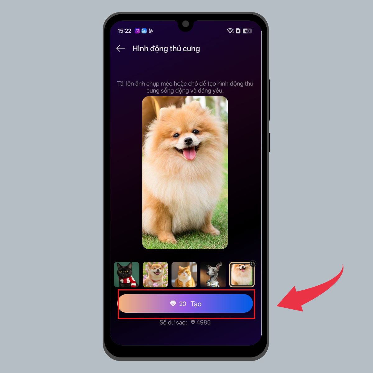 Chuyển động AI hình động thú cưng - Nhấn tạo để bắt đầu