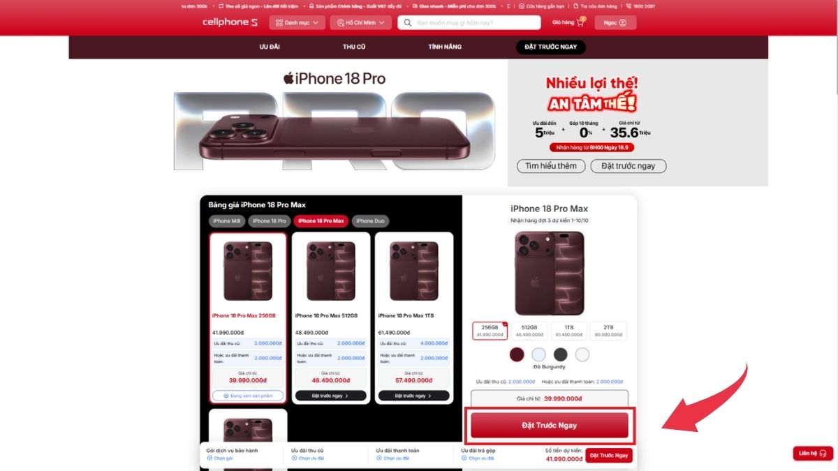 Đặt trước iPhone 18 qua website CellphoneS - Bước 2