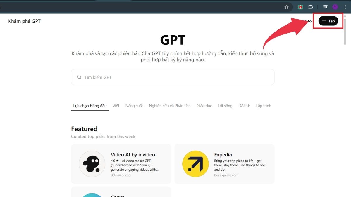 Hướng dẫn tạo trợ lý AI cá nhân trên ChatGPT - Bước 1 nhấn vào Tạo