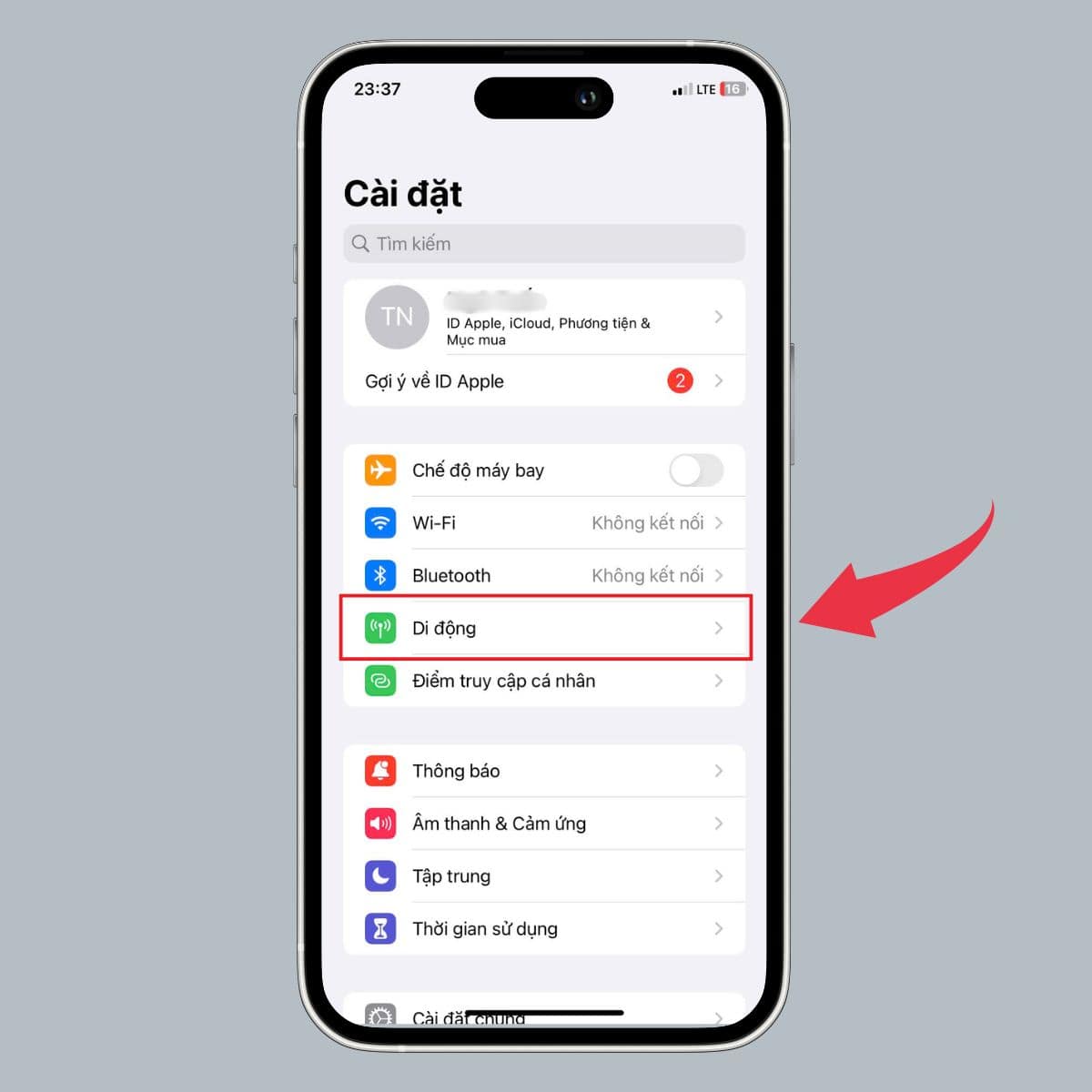 Mở Cài đặt và chọn Di động