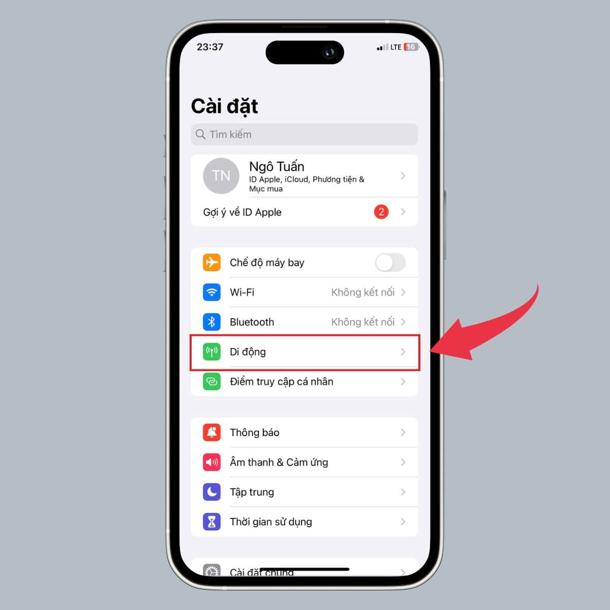 Truy cập vào Di động trong ứng dụng Cài đặt