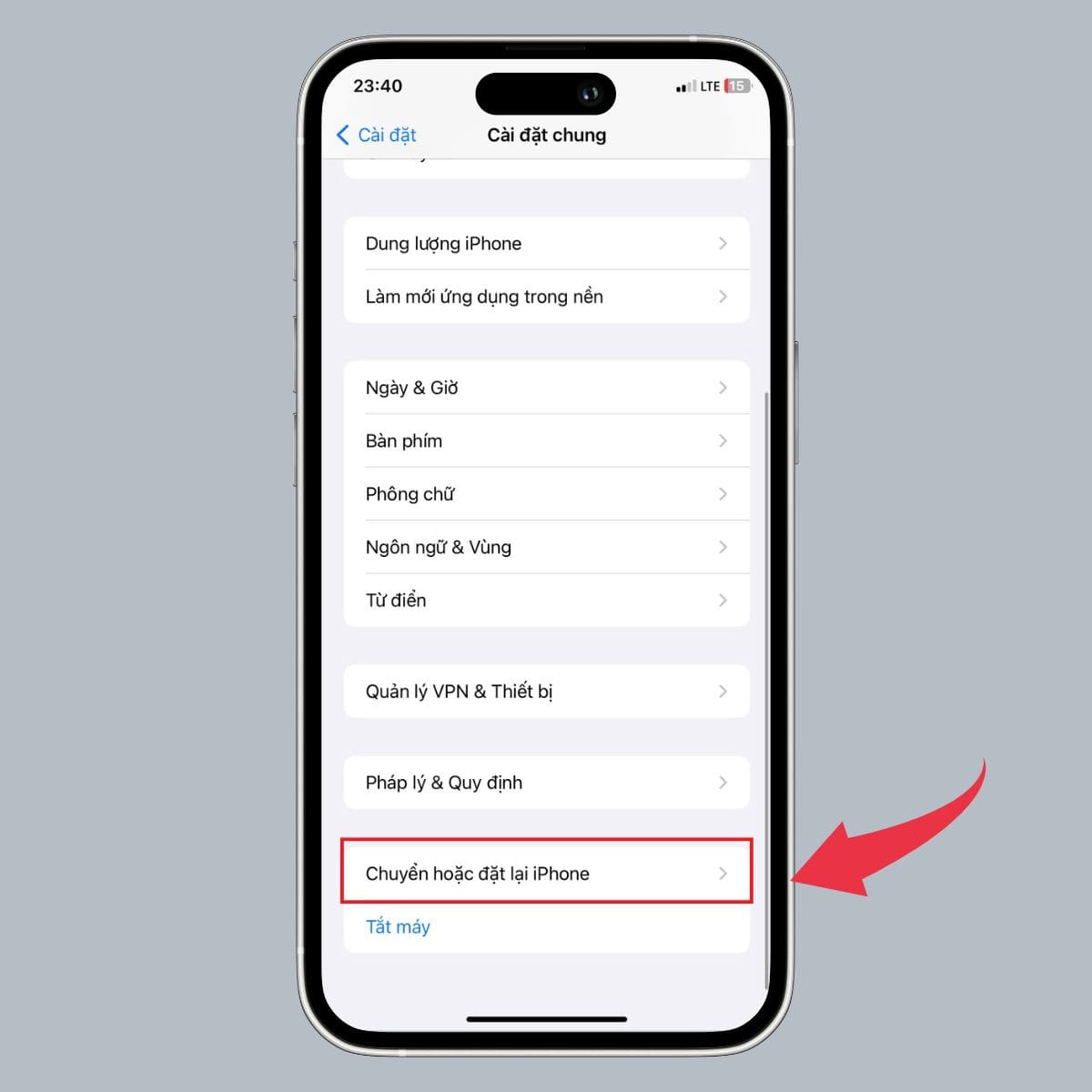 Vào mục Chuyển hoặc đặt lại iPhone