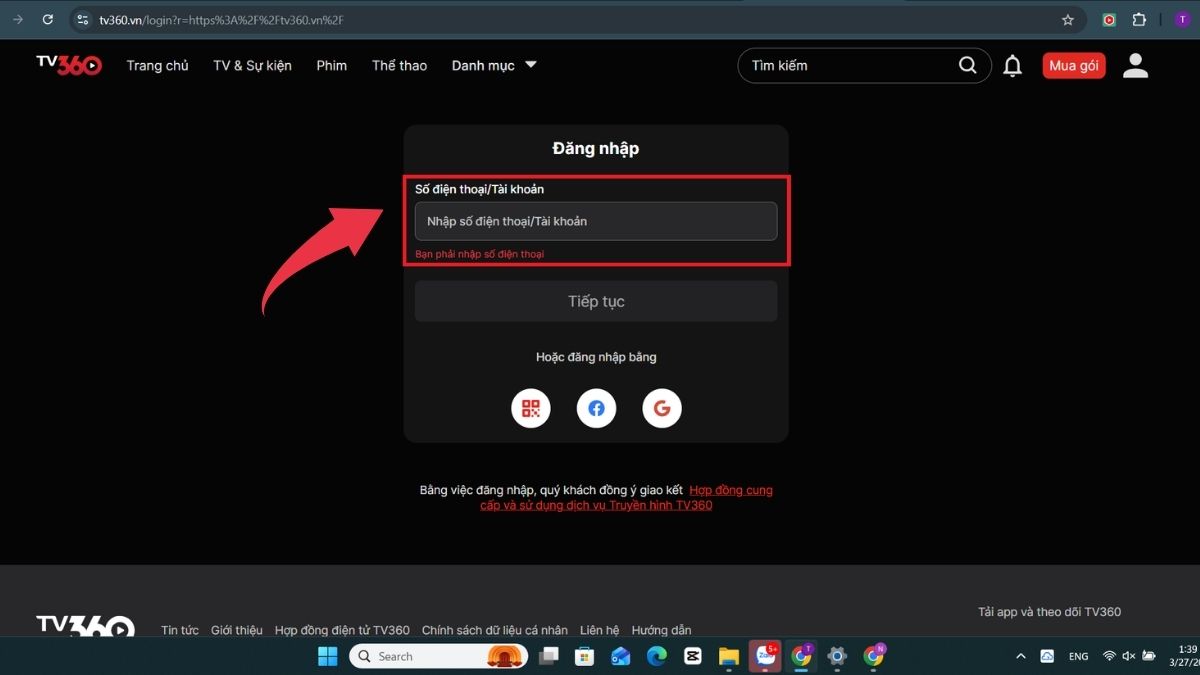 Cách xem Playoff World Cup 2026 trên TV360 -  Bước 1 - nhập số điện thoại