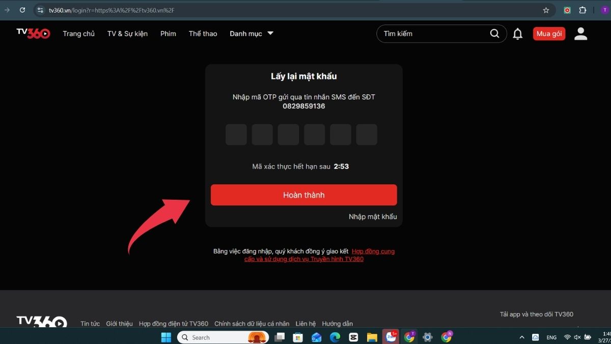 Cách xem Playoff World Cup 2026 trên TV360 -  Bước 1 - nhập mã OTP