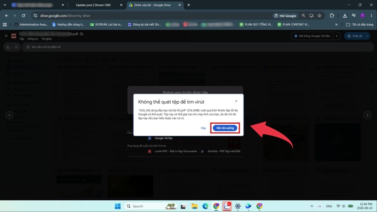 Tải file quá lớn trên Google Drive khi không có bản xem trước trực tiếp từ thông báo - Bước 2
