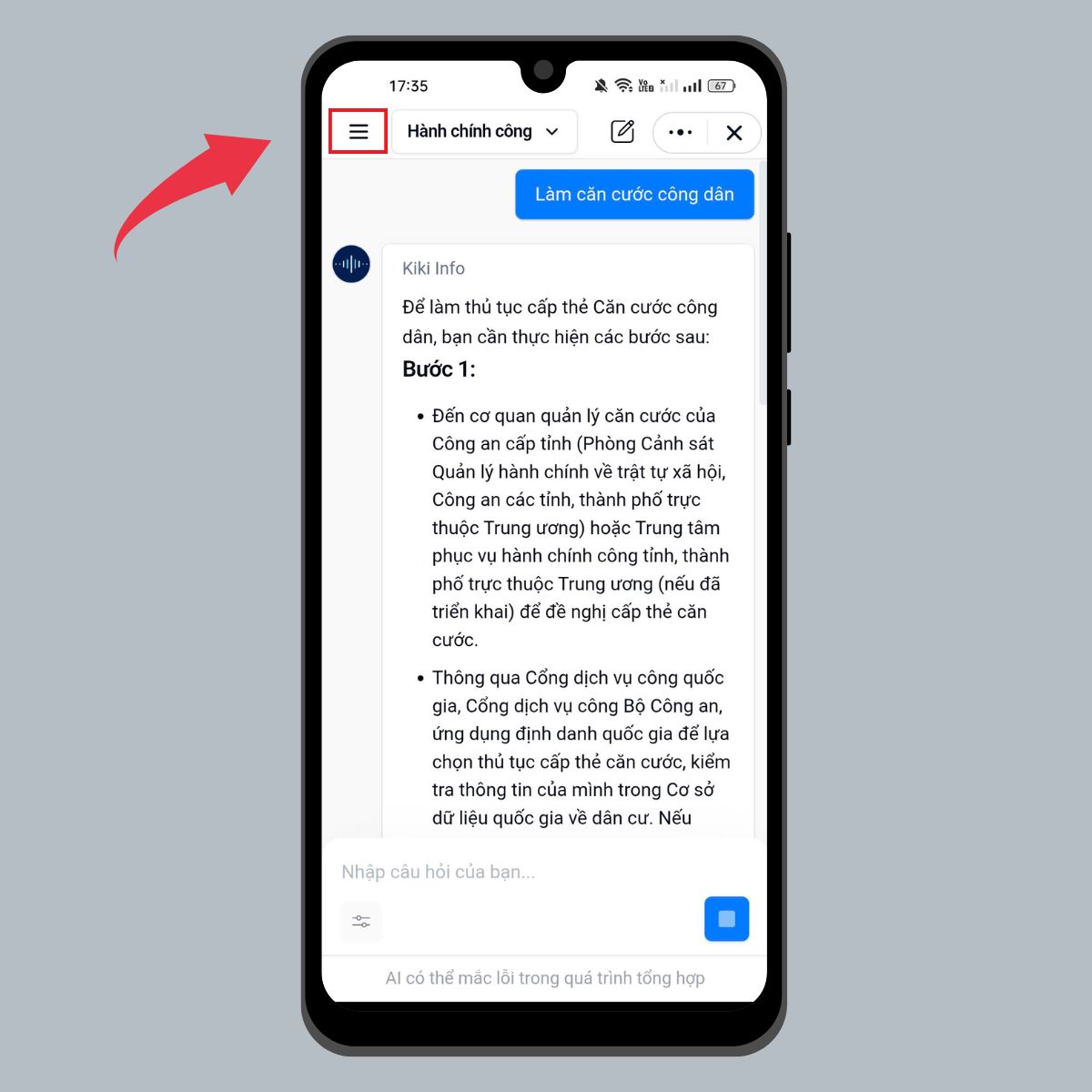 Tra cứu thủ tục hành chính bằng AI trên Zalo - Bước 3