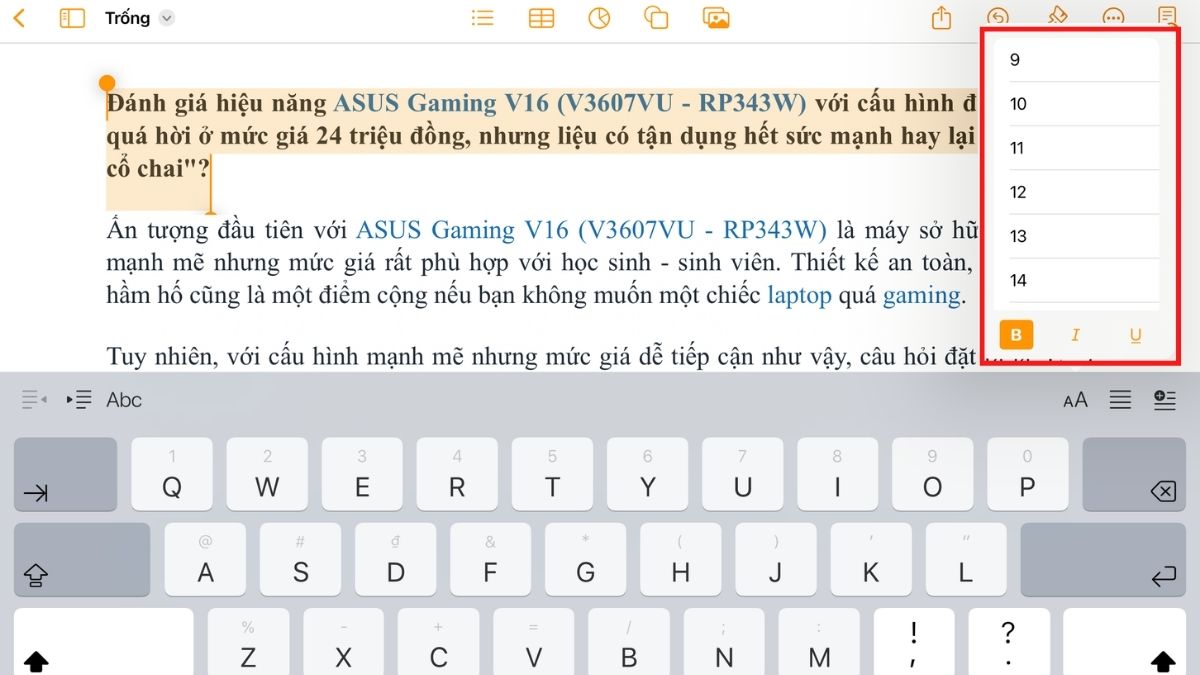 Tùy chỉnh định dạng Cỡ chữ, in đậm, in nghiên, gạch chân