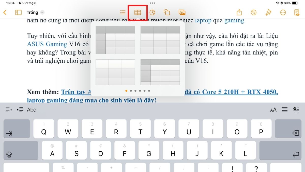 Chọn biểu tượng Table ở thanh công cụ phía trên cùng