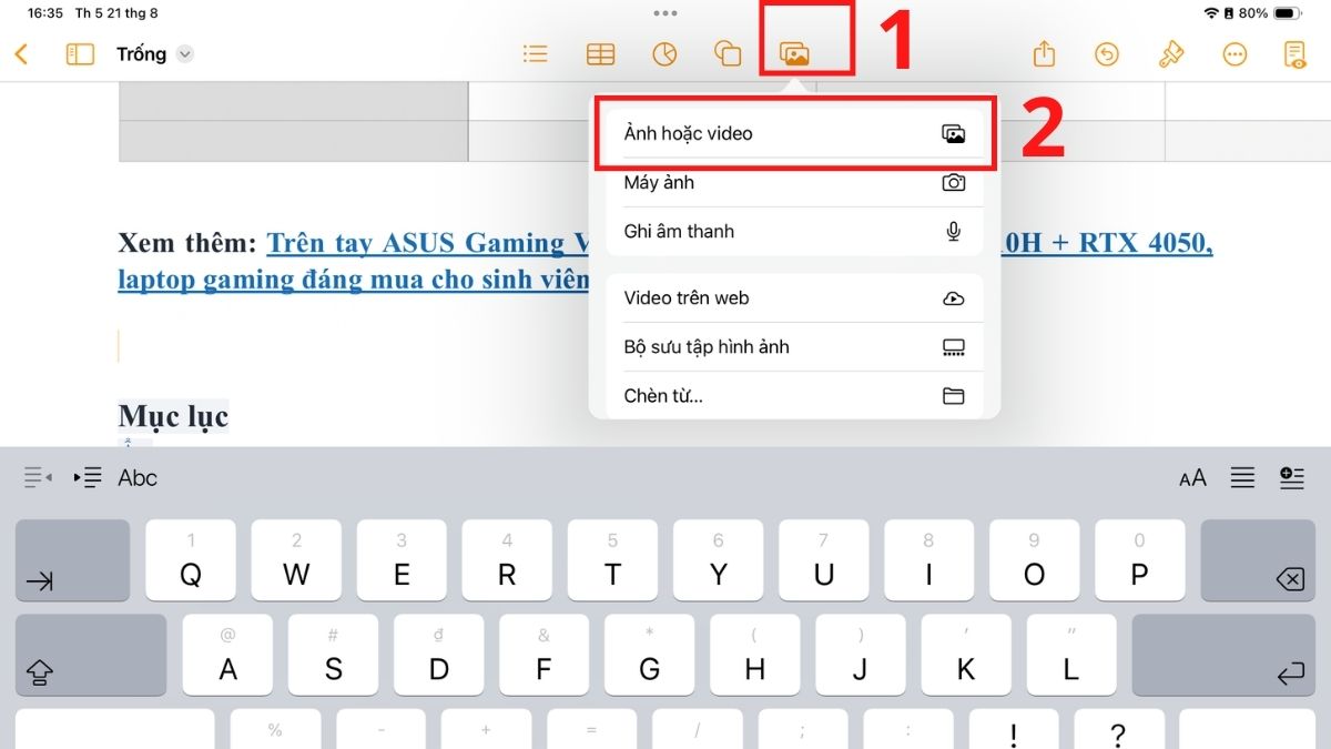 Nhấn chọn biểu tượng Media trên thanh công cụ và chọn Ảnh hoặc Video