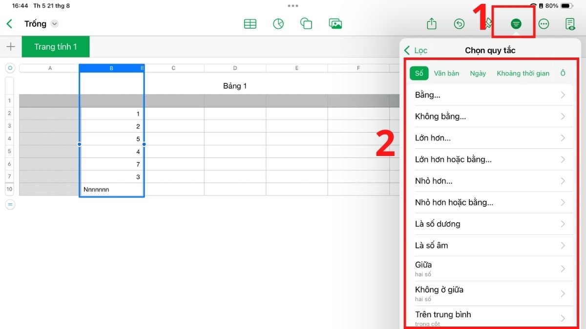 Lọc và sắp xếp dữ liệu trong Numbers