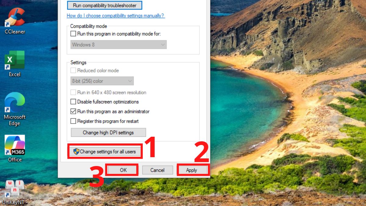 Chọn Change settings for all user để thay đổi thiết lập Run as Administrator cho toàn bộ tài khoản trên máy tính, nhấn Apply rồi OK