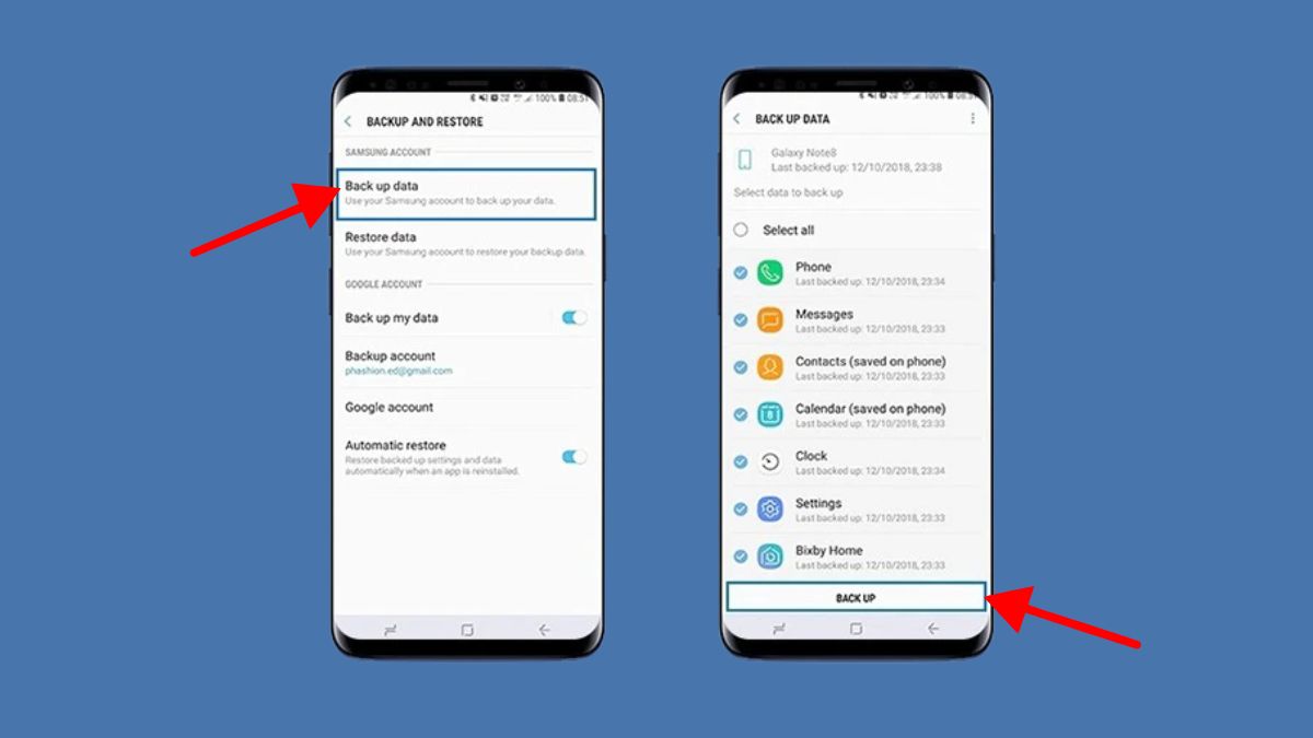 Chọn dữ liệu cần sao lưu trên Samsung Cloud và nhấn Back up để bắt đầu quá trình