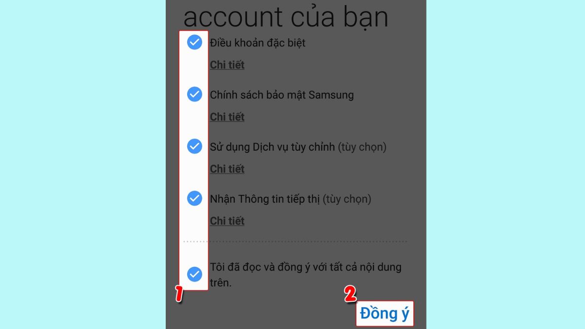 Tích chọn điều khoản sử dụng để đồng ý đăng ký Samsung Cloud