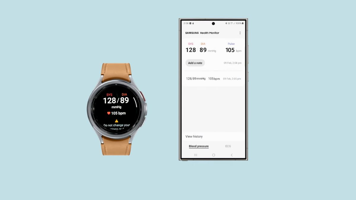 Samsung Health Monitor hiển thị huyết áp trên Galaxy Watch – các chỉ số SYS, DIA và nhịp tim rõ ràng