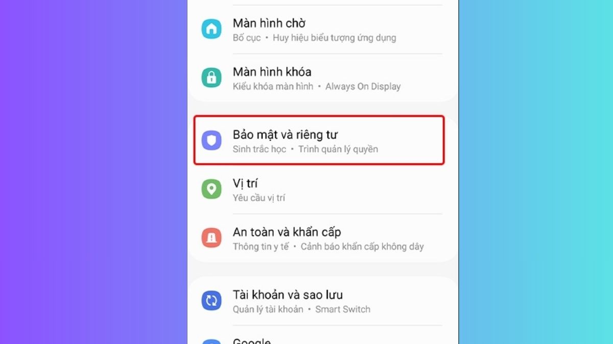 Chọn Bảo mật và riêng tư