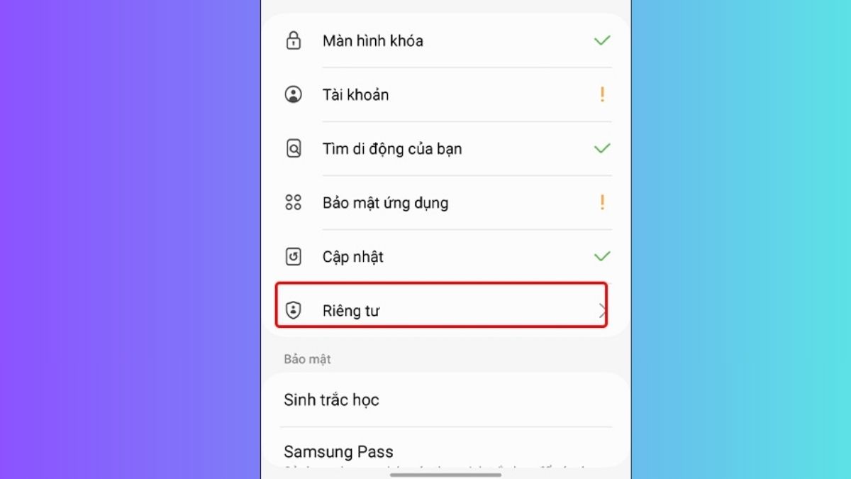 Chọn mục Riêng tư