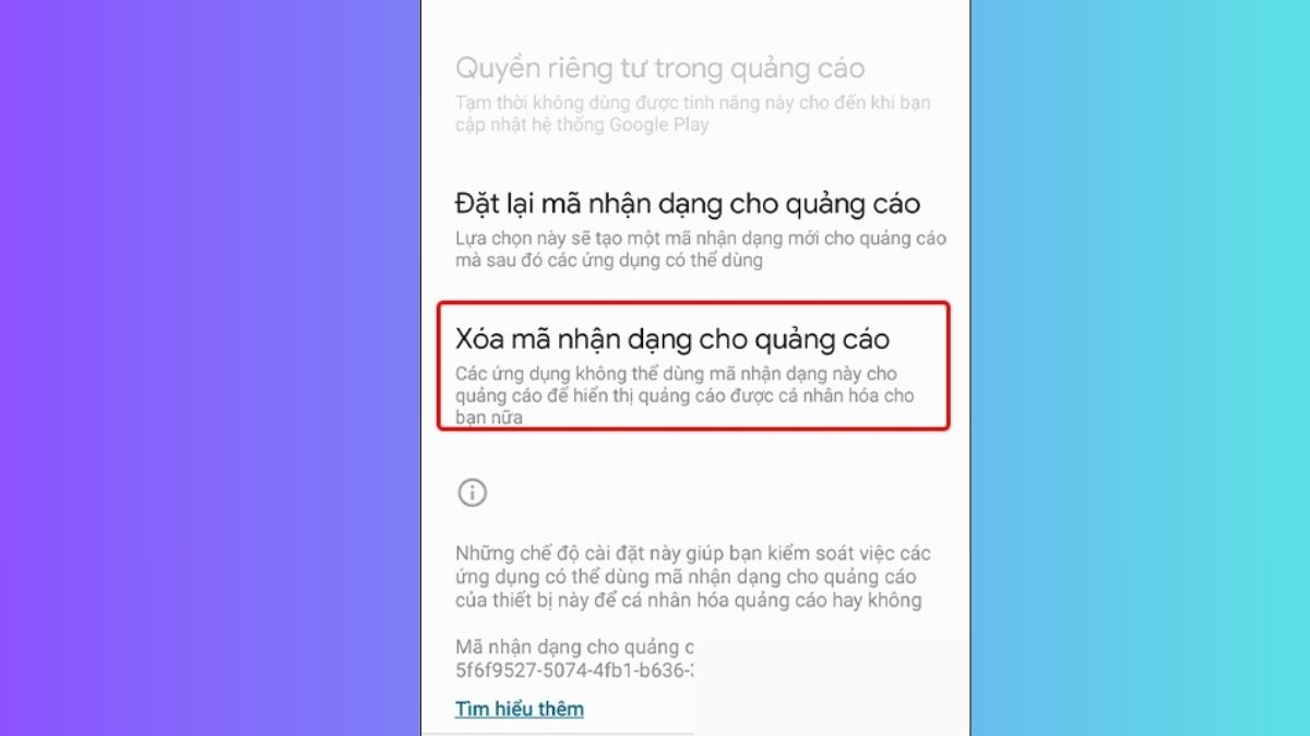 Chọn Xóa mã nhận dạng cho quảng cáo