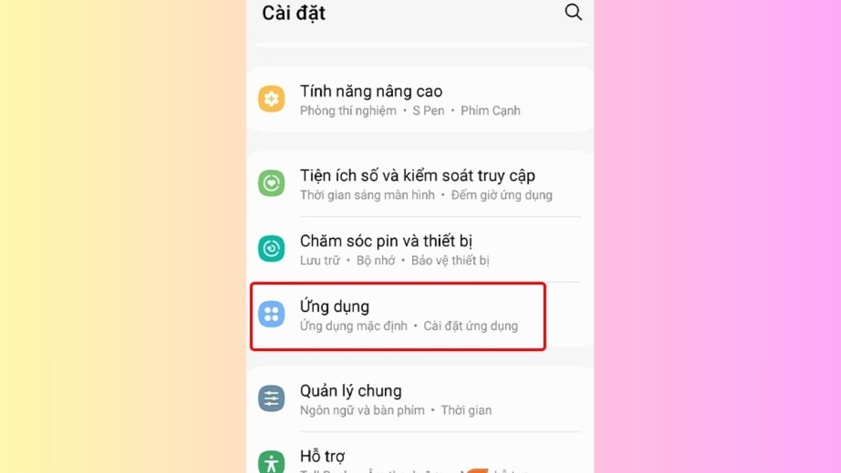 Chọn mục Ứng dụng 