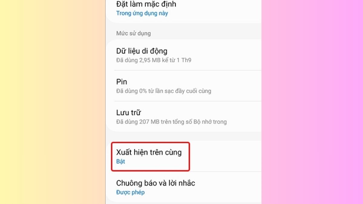 Cuộn xuống và tìm mục Xuất hiện trên cùng