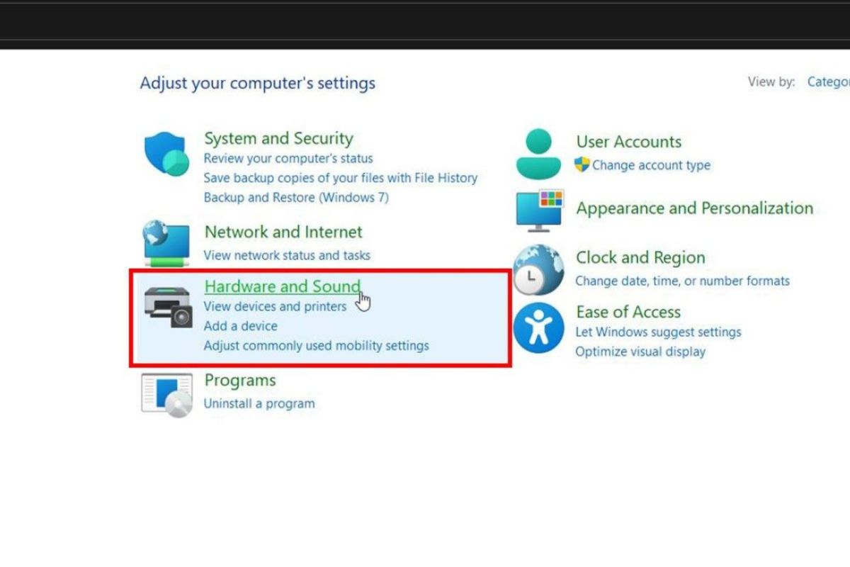 Cách đổi tên tai nghe AirPods trên máy tính - Truy cập mục Hardware and Sound