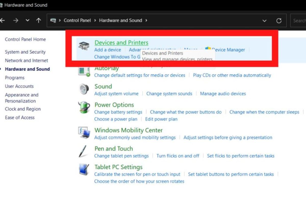 Cách đổi tên tai nghe AirPods trên máy tính - Truy cập mục Devices and Printers