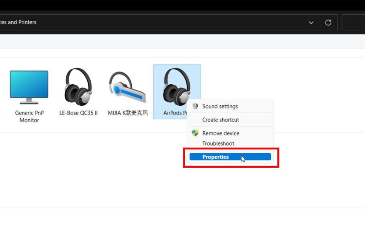 Cách đổi tên tai nghe AirPods trên máy tính - Nhấp chuột phải chọn Properties
