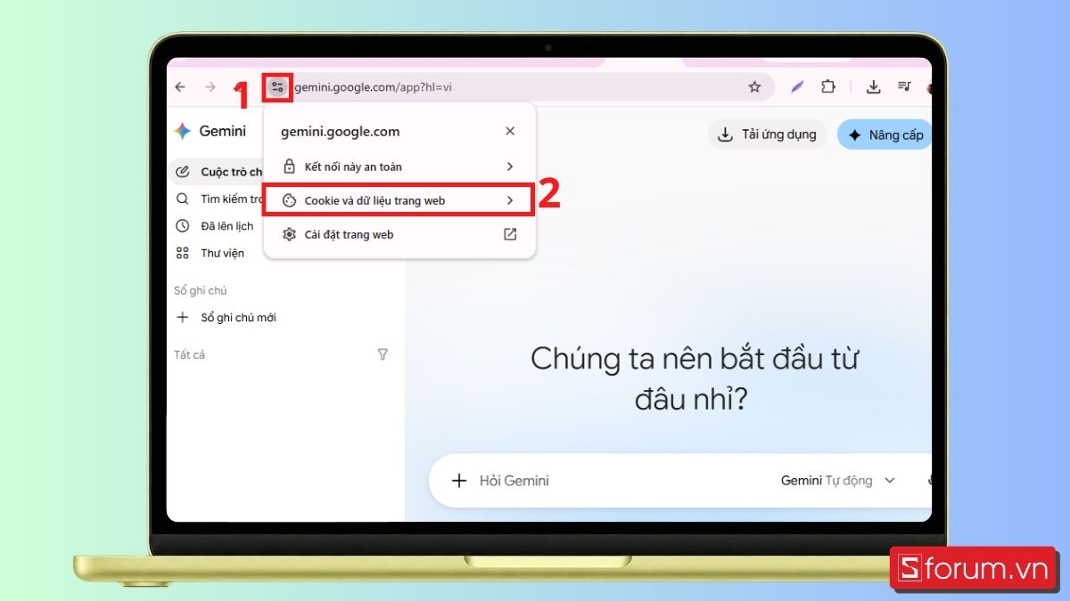 Bước 1: Mở Gemini, chọn gạch ngang ở góc trên bên trái giao diện Gemini, chọn Cookie và dữ liệu trang web.