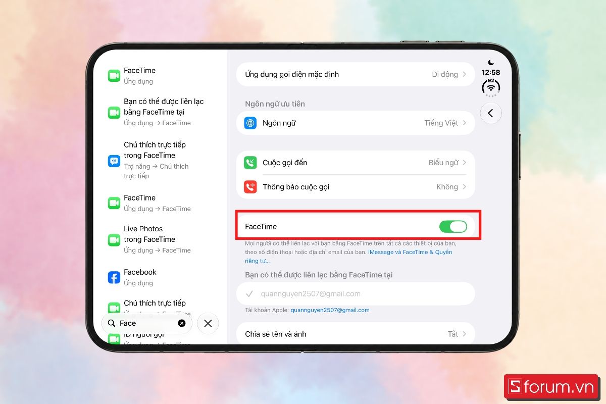Bước 4: Tìm đến mục FaceTime và gạt công tắc sang trạng thái bật.