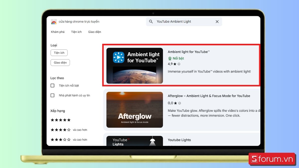 Bước 2: Chọn Ambient light for YouTube.