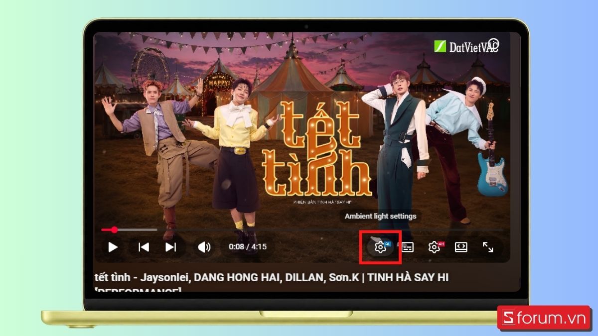 Bước 4: Mở YouTube, chọn Cài đặt Ambient light settings.