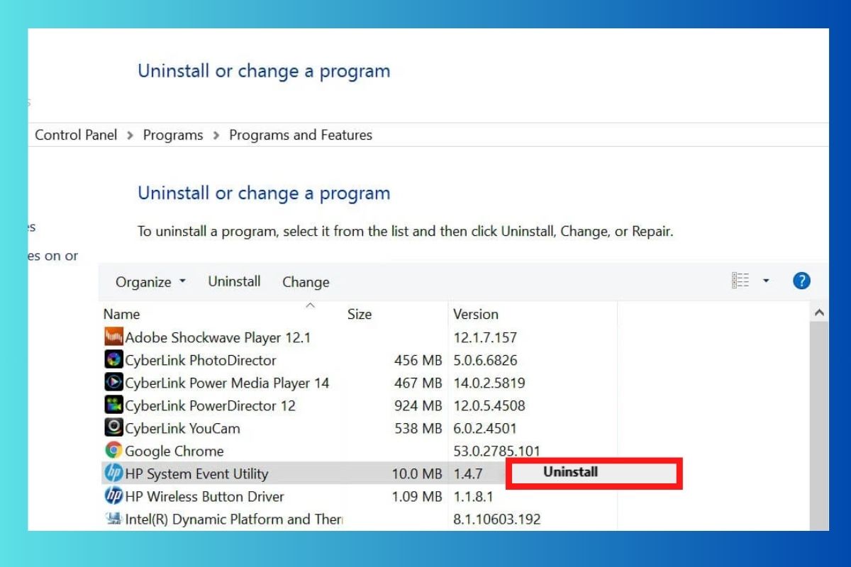Tắt phím Fn qua HP System Event Utility - Chọn Uninstall để gỡ cài đặt HP System Event Utility