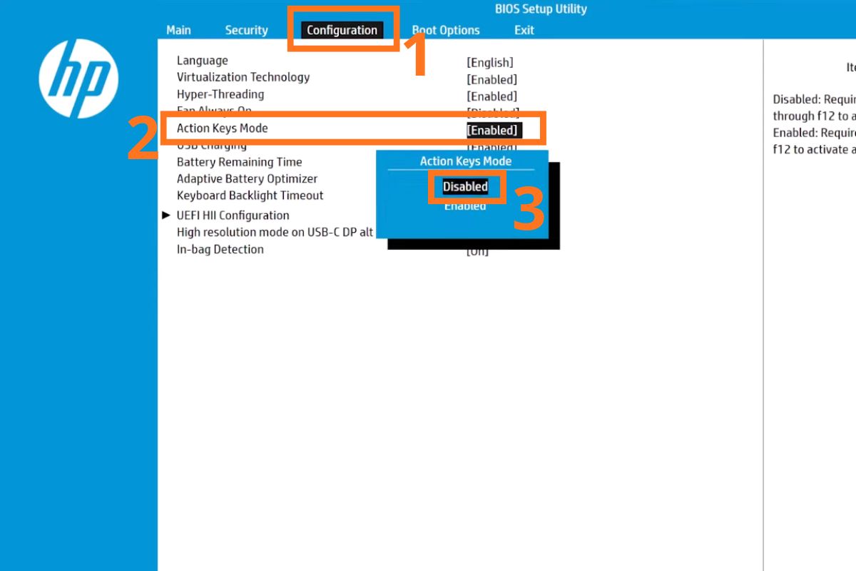 Tắt phím Fn trong BIOS - Vào mục tab Configuration chọn Action Keys Mode để tắt phím Fn
