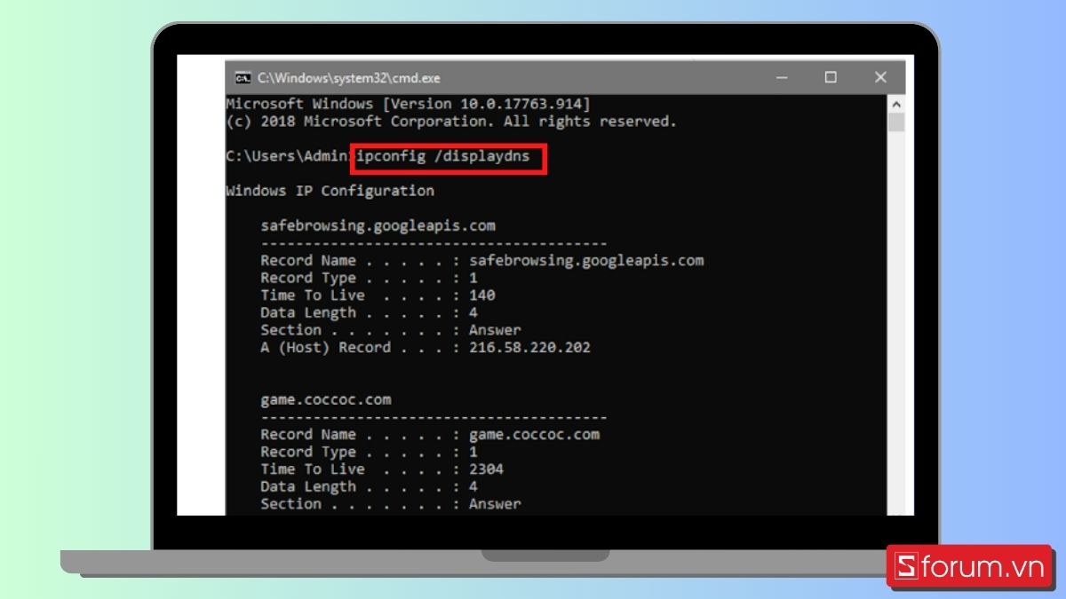 Bước 3: Nhập lệnh ipconfig /displaydns.