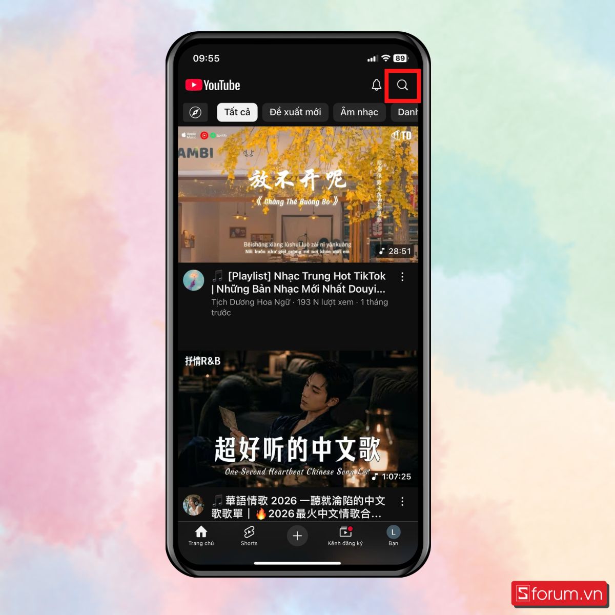 Bước 1: Mở ứng dụng YouTube, chọn tìm kiếm.