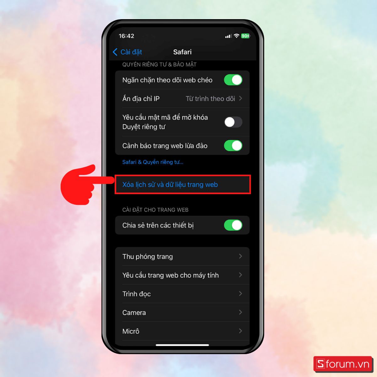 Chọn Xóa lịch sử và dữ liệu trang web