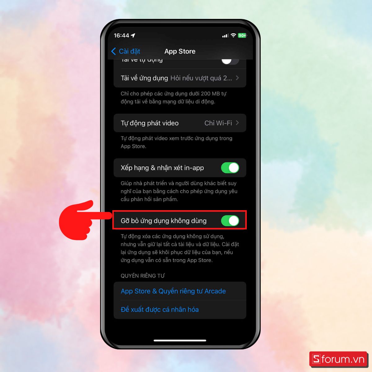 Bật tùy chọn Gỡ bỏ ứng dụng không dùng