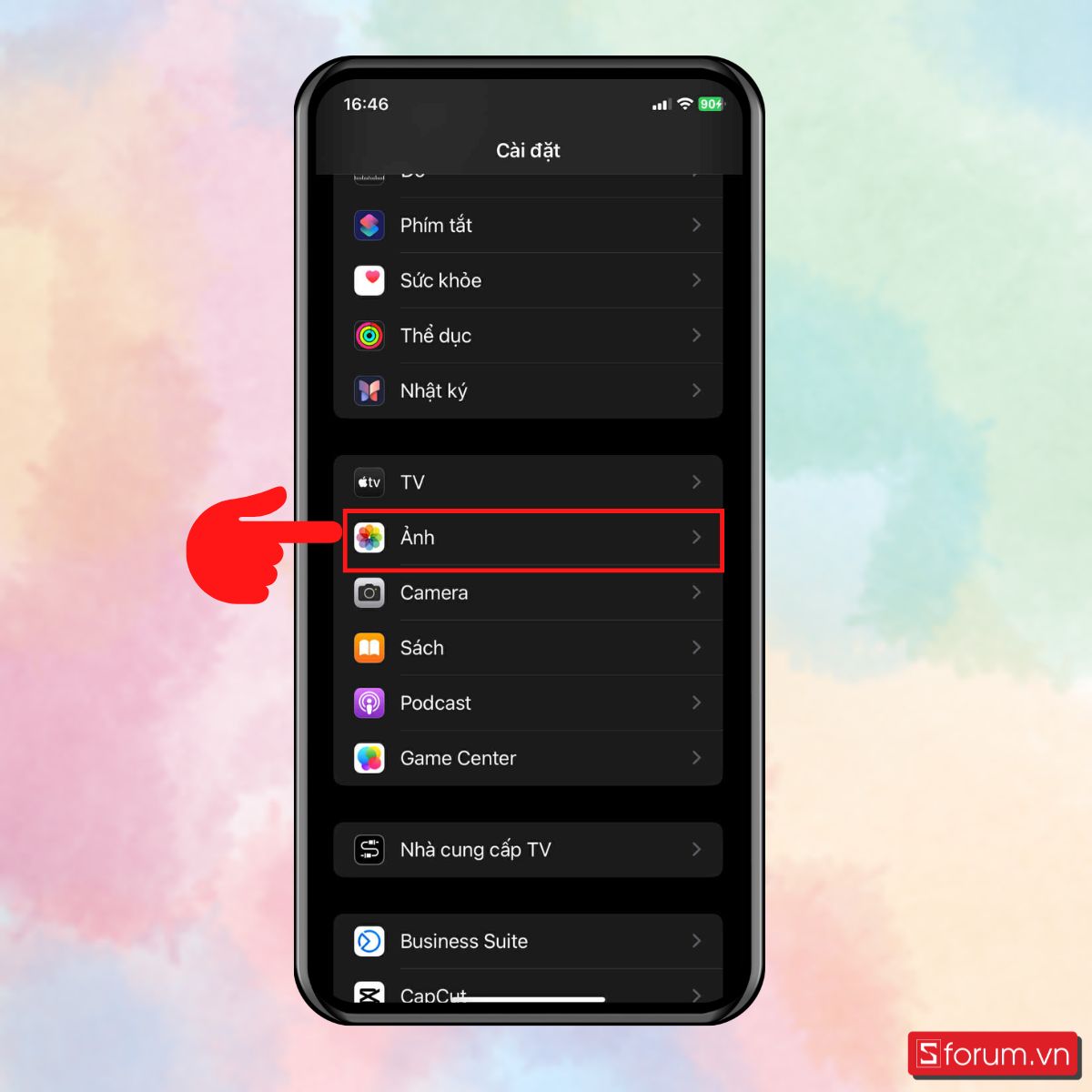 Vào Cài đặt và chọn mục Ảnh