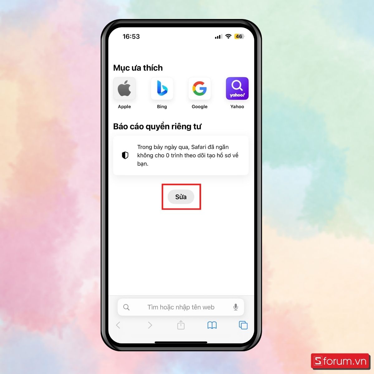 Bước 1: Mở Safari trên iPhone, chọn Sửa.