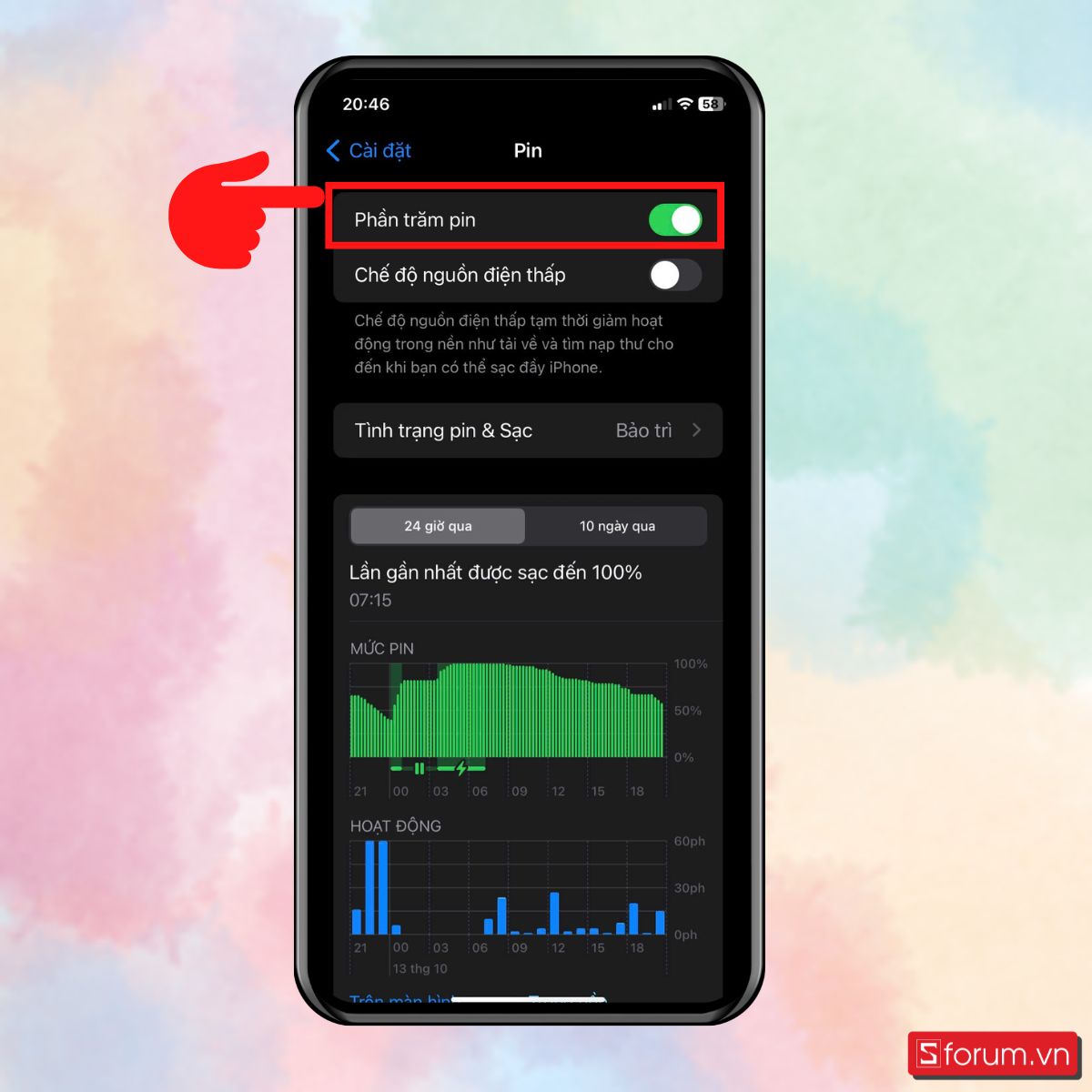 Bật hiển thị Phần trăm pin
