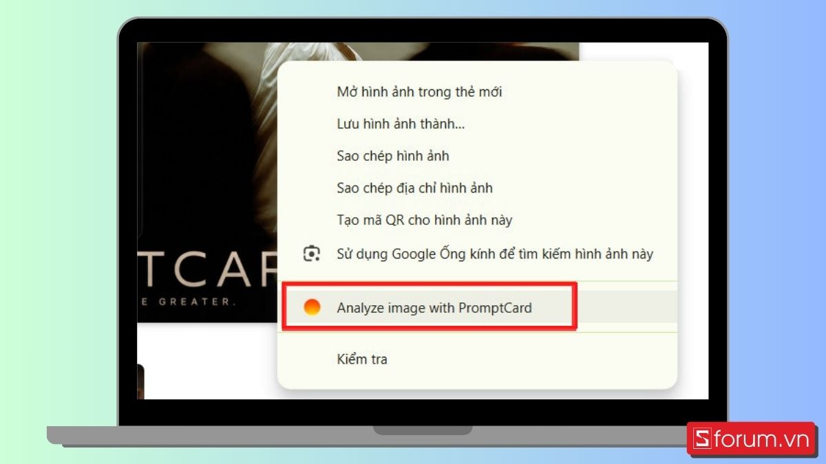 Chọn Anlayze image with PromptCard để tiến hành phân tích hình ảnh bằng tiện ích PromptCard.