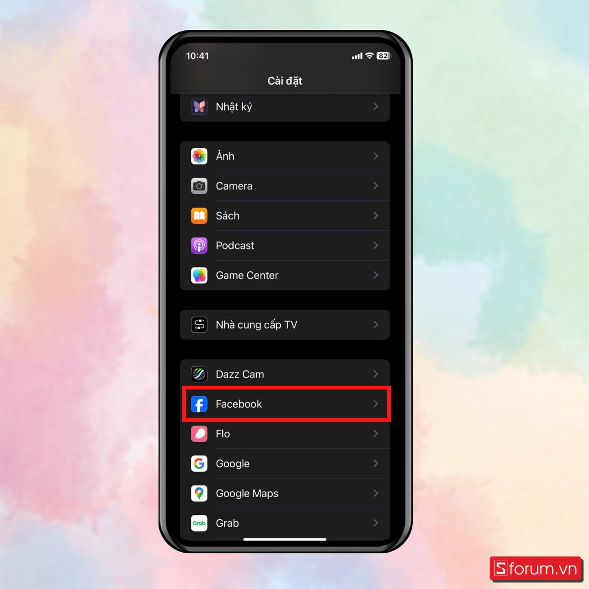 Bước 1: Mở phần Cài đặt, chọn Facebook.