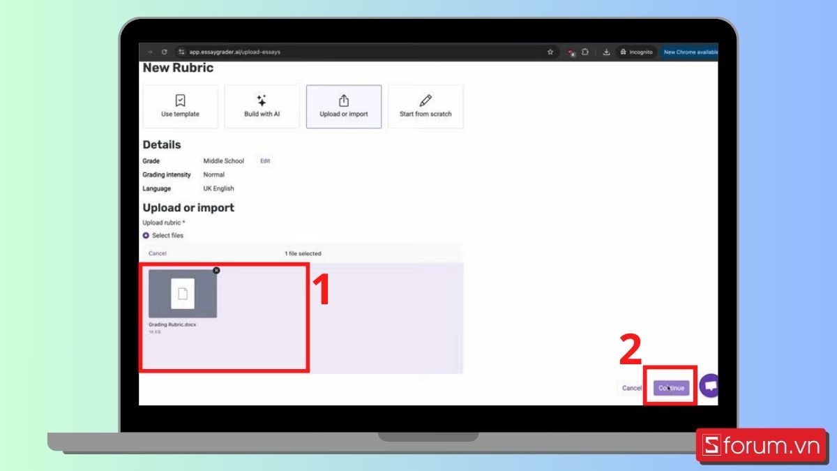 Upload file, chọn Continue